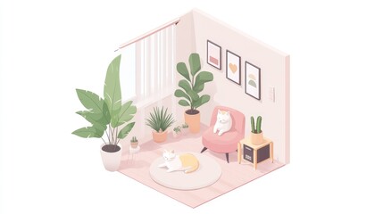 Charming kawaii isometric room with a cozy feel. Pastel hues, a relaxed cat, and minimalistic design with various indoor plants