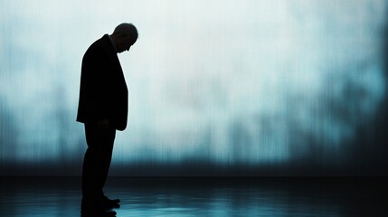 Fototapeta premium Silhouette of a man in deep contemplation amidst financial crisis