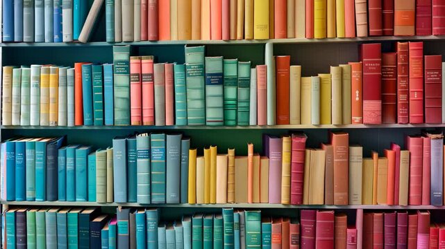 a vibrant display of books arranged on shelves, organized by color to form a stunning gradient. spines feature a spectrum of blue, pink, orange, yellow, and green.