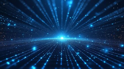 Obraz premium Abstract digital blue light burst background with glowing particles and starry night effect, suitable for tech or space themes.