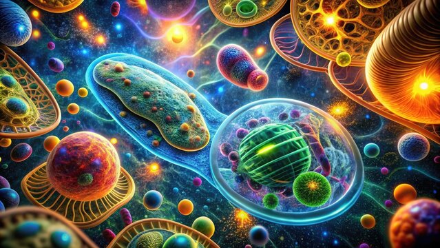 Microscopic image of cellular structures showcasing vibrant fluorescent-labeled DNA, mitochondria, and endoplasmic reticulum in a stunning display of biological complexity and intricate detail.
