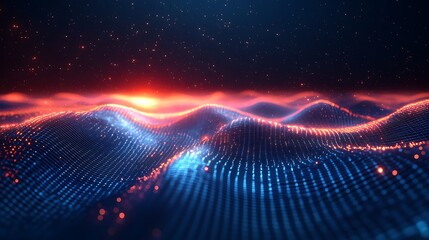 Abstract digital landscape with glowing particles and dynamic wave patterns in a futuristic, technological setting. 3D rendering.