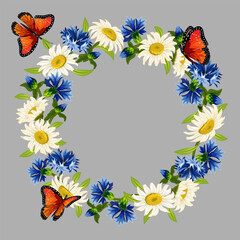 Obraz premium Floral wreath and butterflies in the illustration.Wreath of flowers and butterflies on a grey background in vector illustration.