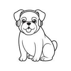 Fototapeta premium A delightful and vibrant illustration of a cheerful golden full body bull dog with headphones, appears to be enjoying some lively music as it sits on a clean, white background.