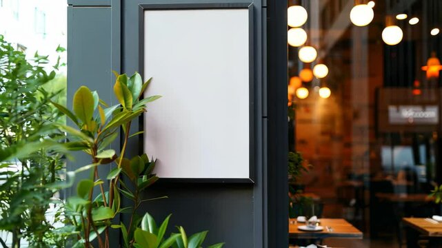 a charming storefront with a blank sign on a wall, embraced by lush greenery. Warm lights illuminate the background, hinting at a cozy dining area, possibly a caf&eacute; or restaurant.