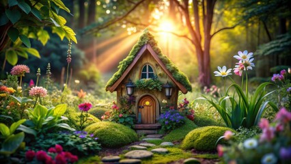 Fototapeta premium Enchanting fairy house nestled in a lush garden , whimsical, mystical, fantasy, magical, woodland, adorable, charming, miniature