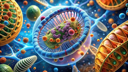 Fototapeta premium Microscopic view of cellular structure with DNA double helix, mitochondria, and ribosomes, illustrating the wonders of biological science and molecular research.
