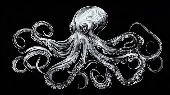 recommend clip art: Detailed Line Art Illustration of an Octopus with Tentacles