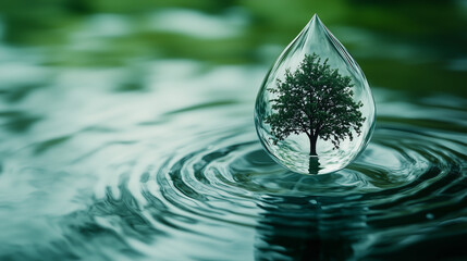 A single water drop with an intricate tree inside, floating on calm waters against a green background, symbolizing the environment and the sustainability of clean energy technology