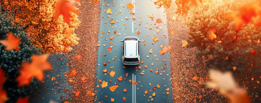 drone view to car moving on beautiful asphalt road with dividing lines with many colourful autumn maple leaves falling from the trees