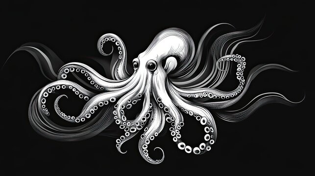 recommend clip art: Detailed Monochrome Illustration of an Octopus with Flowing Tentacles
