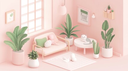 Fototapeta premium Isometric kawaii design of a cozy room. Includes a pastel-colored setting with a lounging cat, minimalistic decor, and a variety of plants.