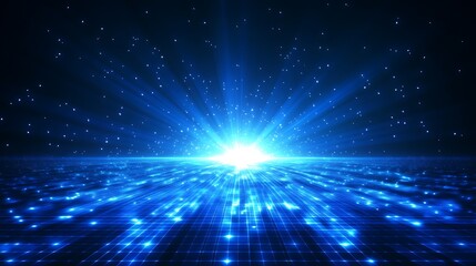Naklejka premium Bright blue digital explosion with a burst of light and glowing pixels, symbolizing technology, innovation, and the future of computing.
