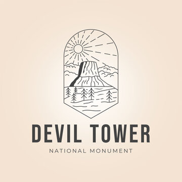 devil tower or wyoming national park line art logo vector illustration design