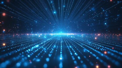 Futuristic abstract background with glowing blue lines and particles creating a vibrant digital landscape of light and technology.