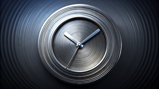 Minimalist clock icon with bold modern design and sleek metallic texture, surrounded by swirling clock hands and abstract time lapse motion vectors.