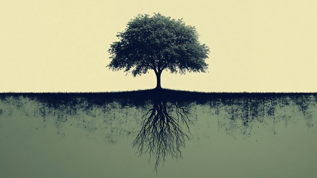 A minimalist illustration of a single tree with deep roots symbolizing sustainability