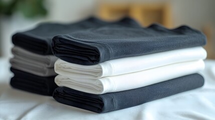 T-shirt Mockup Display: A simple and clean stack of black and white square t-shirts, folded and arranged on a white background, ideal for product presentations.