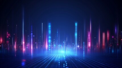 Futuristic digital cityscape with colorful glowing lights, representing advanced technology and innovation in a modern virtual environment.