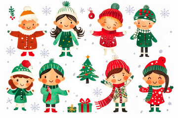 Fototapeta premium Set of vectors. Children characters at Christmas, with gift boxes and Christmas trees.
