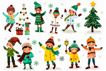 Fototapeta premium Set of vectors. Children characters at Christmas, with gift boxes and Christmas trees.