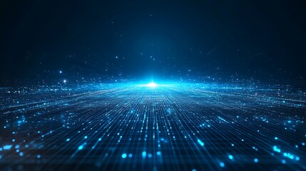 Futuristic digital data grid with blue glowing dots and lines, representing technology, networking, and connectivity in a dark space.