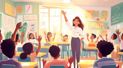 welcoming students back to class with a warm smile, standing at the front of a brightly decorated classroom with students sitting at their desks and raising their hands 