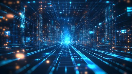 Futuristic digital data network with glowing lines and nodes forming a dynamic, high-tech tunnel of information and technology.
