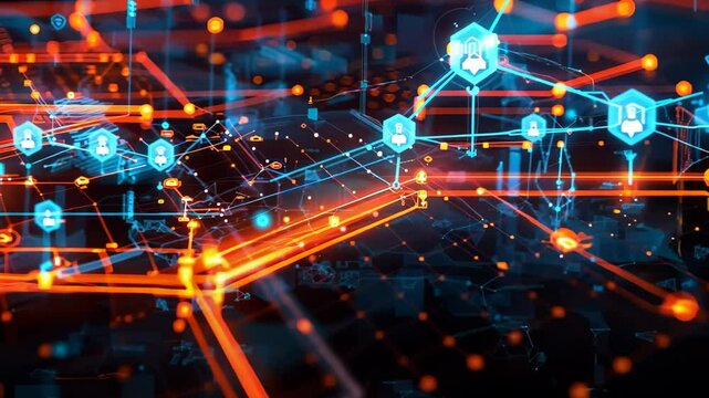 an abstract representation of data networks, highlighting themes of technology and cyber security.