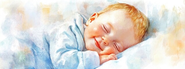 Watercolor illustration of a smiling sleeping newborn