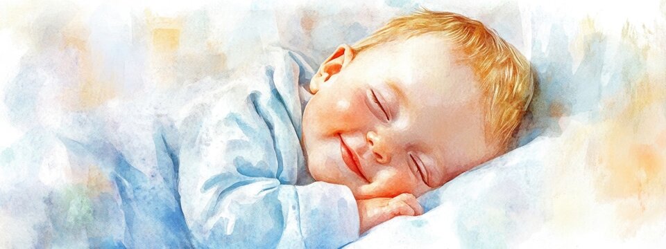 Watercolor illustration of a smiling sleeping newborn