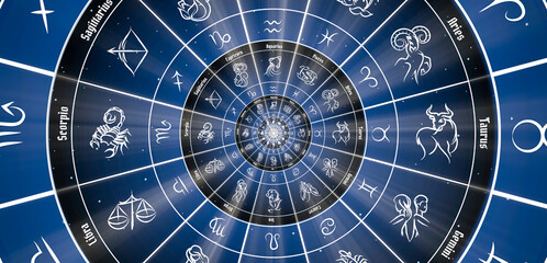 Blue astrological background. Concept of horoscope, mystery, magic, astrological sign.