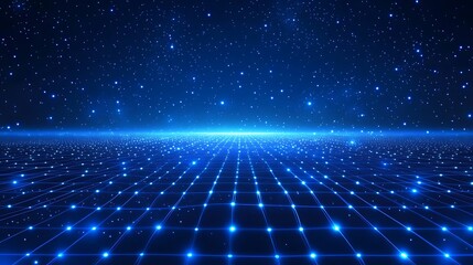 Futuristic digital landscape with blue glowing grid lines and starry sky, representing advanced technology and virtual reality.
