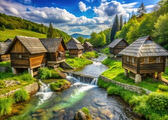 Naklejka premium Scenic village surrounded by lush greenery, featuring ancient wooden mills and rustic cottages, with Majerovo vrilo river source of Gacka flowing gently through the landscape.