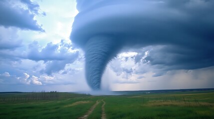 Powerful Tornado Descending on a Green Field