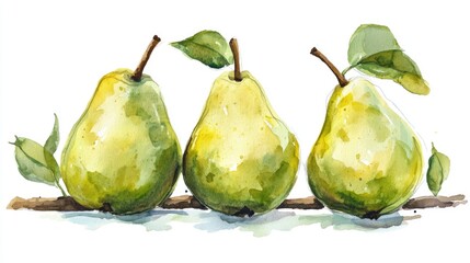 Watercolor illustration of green pears on a white background Food artwork suitable for labels menus and cards Sketch created with alcohol markers Hand drawn design