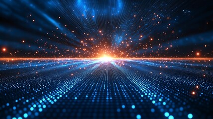 Futuristic digital landscape with glowing blue and orange lights, representing technology, innovation, and data visualization.