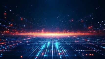 Futuristic digital landscape with glowing blue and orange lights, showcasing a high-tech network and data visualization in a cyber environment.