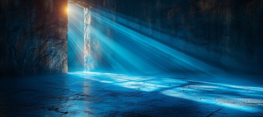 Distant door shines light into a shadowy, minimalist space.