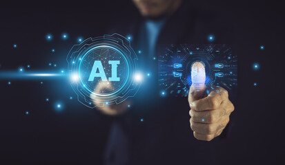 Businessman strategically integrating AI-powered cyber security solutions into the company's digital framework, ensuring comprehensive protection of confidential data, mitigating risks.