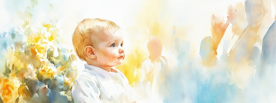 Watercolor Illustration of an Infant During a Christian Baptism Ceremony Suitable for Invitations and Greeting Cards - Powered by Adobe