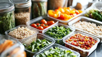 A meal prep scene with carefully portioned diabetic-friendly ingredients being placed into containers for the week