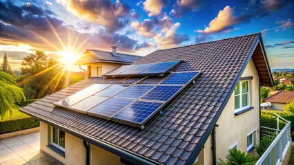 Fototapeta premium Sleek solar panels installed on a modern residential roof, harnessing renewable energy and reducing carbon footprint, with a blurred natural background and blue sky.