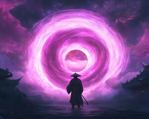 Fototapeta premium Silhouette Of A Person Standing In Front Of A Cosmic Portal