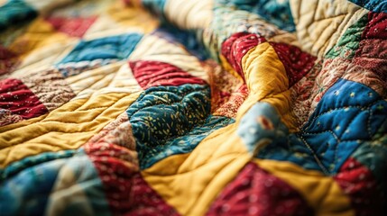A close-up of a traditional American quilt with vibrant patterns. No people, copy space.