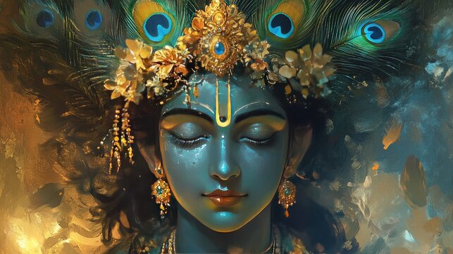 Beautiful digital painting of Lord Krishna with a peacock feather crown, symbolizing divine grace, perfect for spiritual home decor.