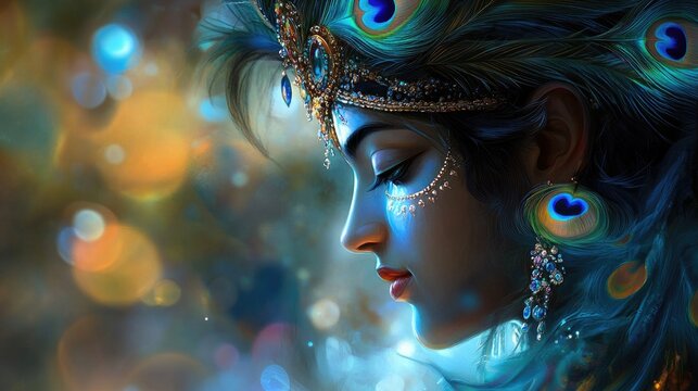 Beautiful digital painting of Lord Krishna with a peacock feather crown, symbolizing divine grace, perfect for spiritual home decor.