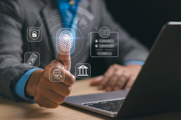 cyber security technology and Protect cyber privacy personal data concept, man scanning their fingerprints on virtual screen to verify their identity for online internet transaction