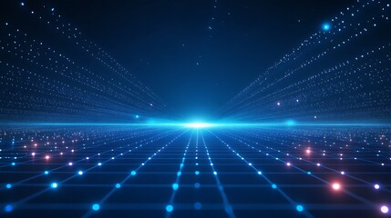 Obraz premium Futuristic digital landscape with glowing lights, showcasing a concept of virtual reality, technology, and innovation in a grid formation.