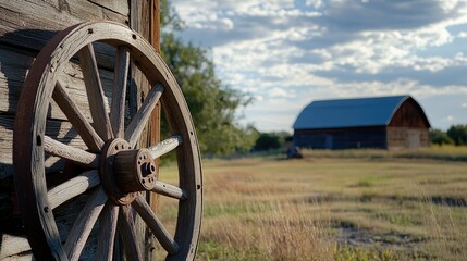 Fototapeta premium A close-up of an old wooden wagon wheel leaning against a barn in Texas. No people, copy space.